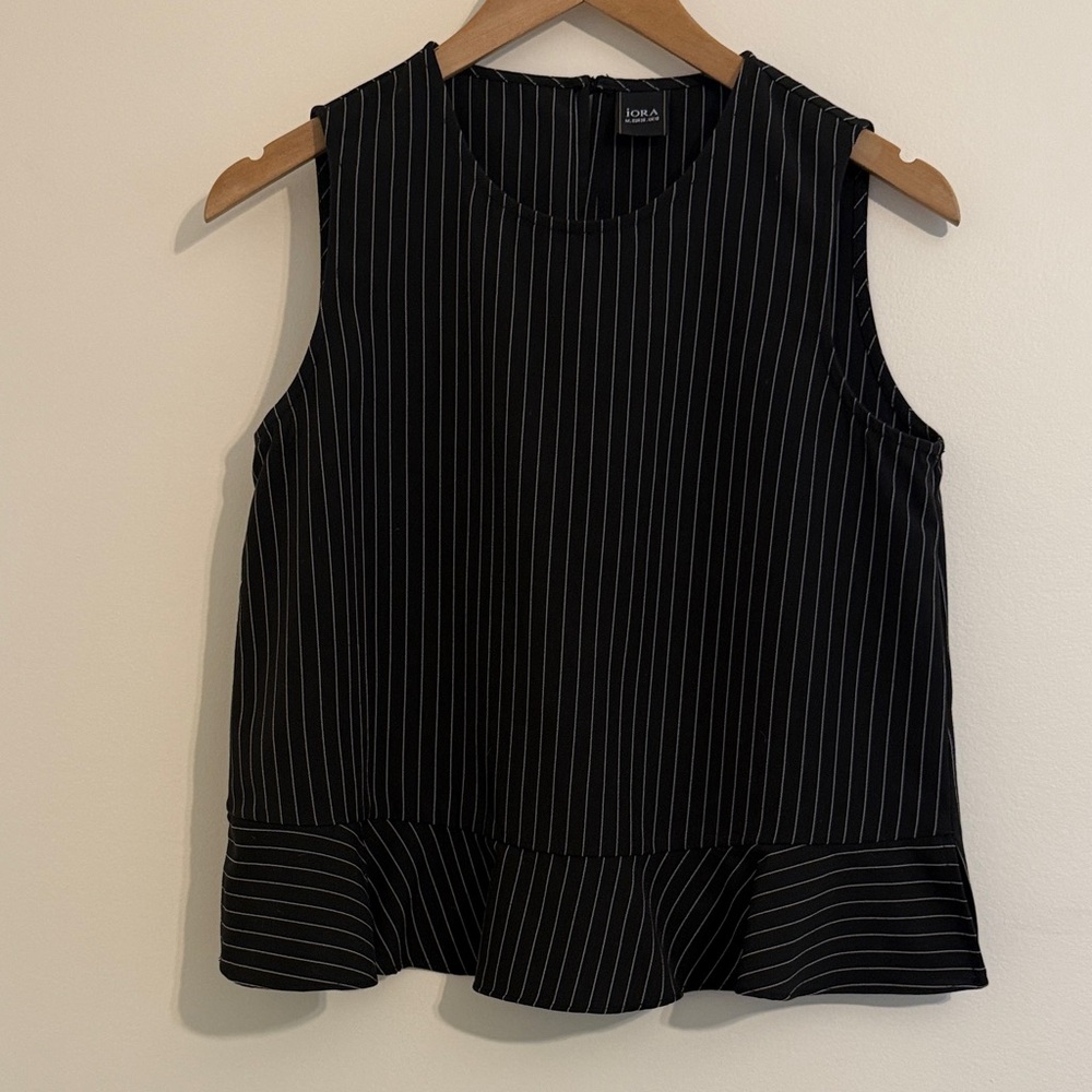 Iora Black Pinstripe Sleeveless Top with Ruffle Hem